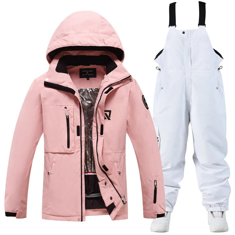 Blue and black unisex winter ski suit jacket and pants for snow sports.