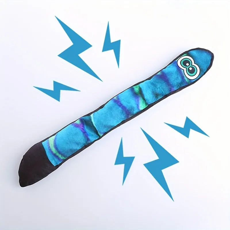Snake shaped plush dog squeaky toy with blue and green stripe print design