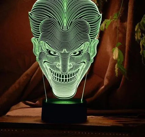 3D LED acrylic table lamp with USB cable and remote control showing multiple colour options