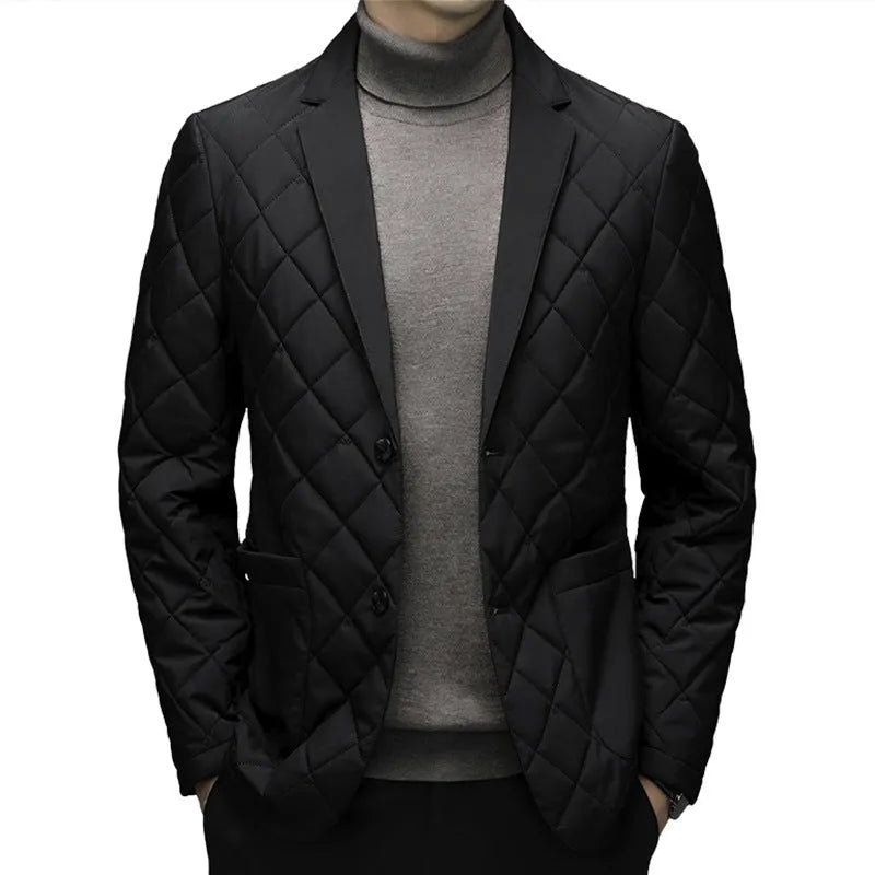 Men's black winter down jacket with lapel collar and side seam pockets