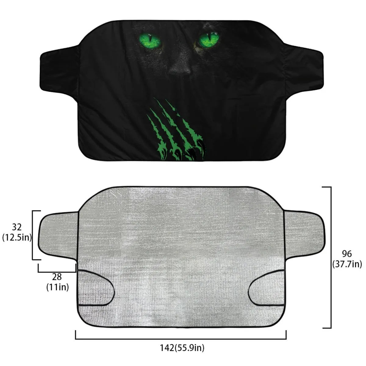 Car front snow protection cover made of silver aluminium foil polyester fabric.