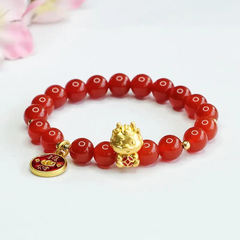 Red agate zodiac dragon bracelet with 8mm beads in Chinese style design