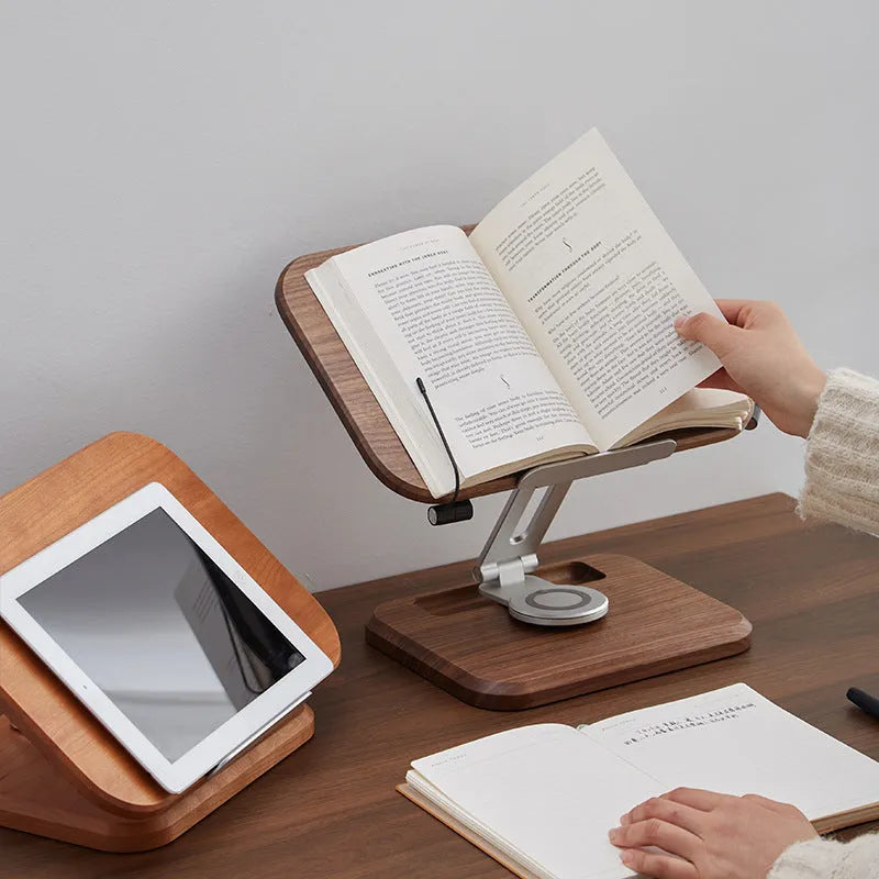 Walnut colour wooden adjustable reading rack with rotating book holder function