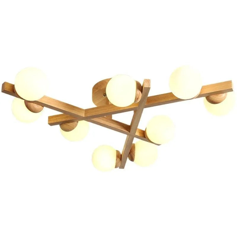 Wooden style Nordic ceiling light with three lamp heads for living room illumination