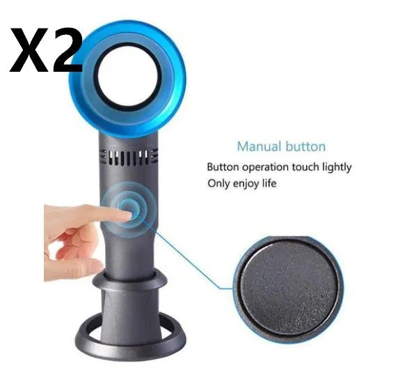 Compact portable bladeless fan in chosen colour on its base, with USB cable for charging.