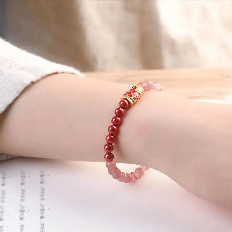 Women's retro bracelet with purple cinnabar and pink strawberry quartz beads.