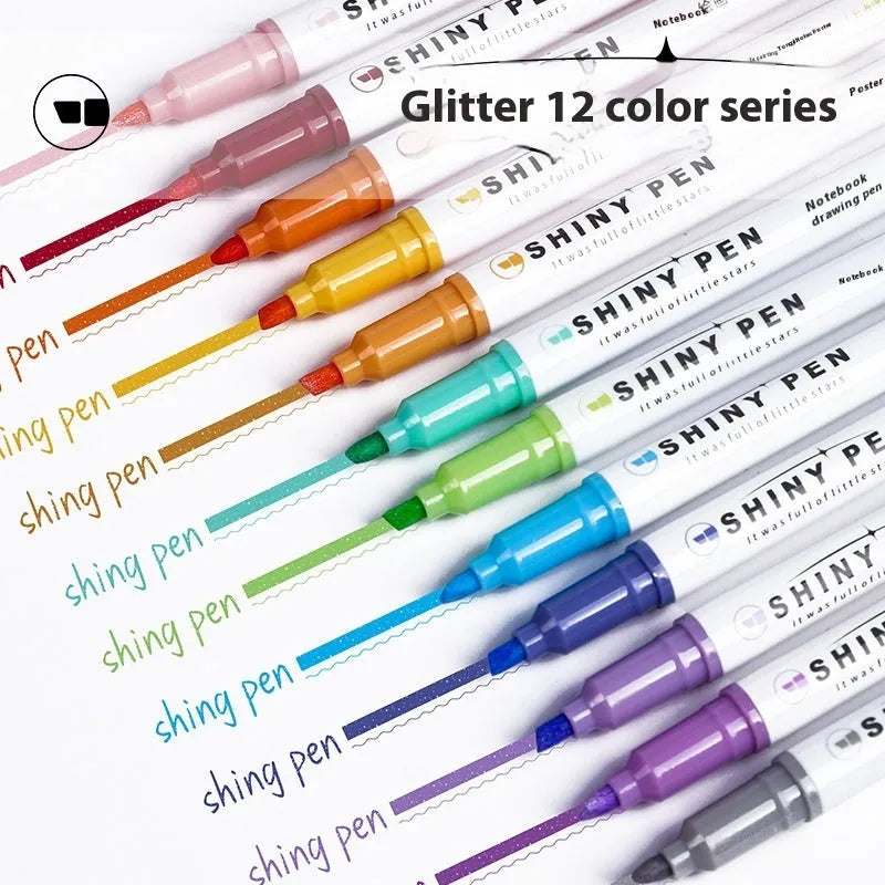 Set of four glitter highlighter pens with slanted tips in six colours including taro puff and peach blossom puff.