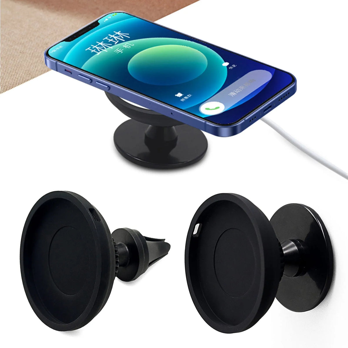 Black magnetic car phone holder mounted on air vent with smartphone attached