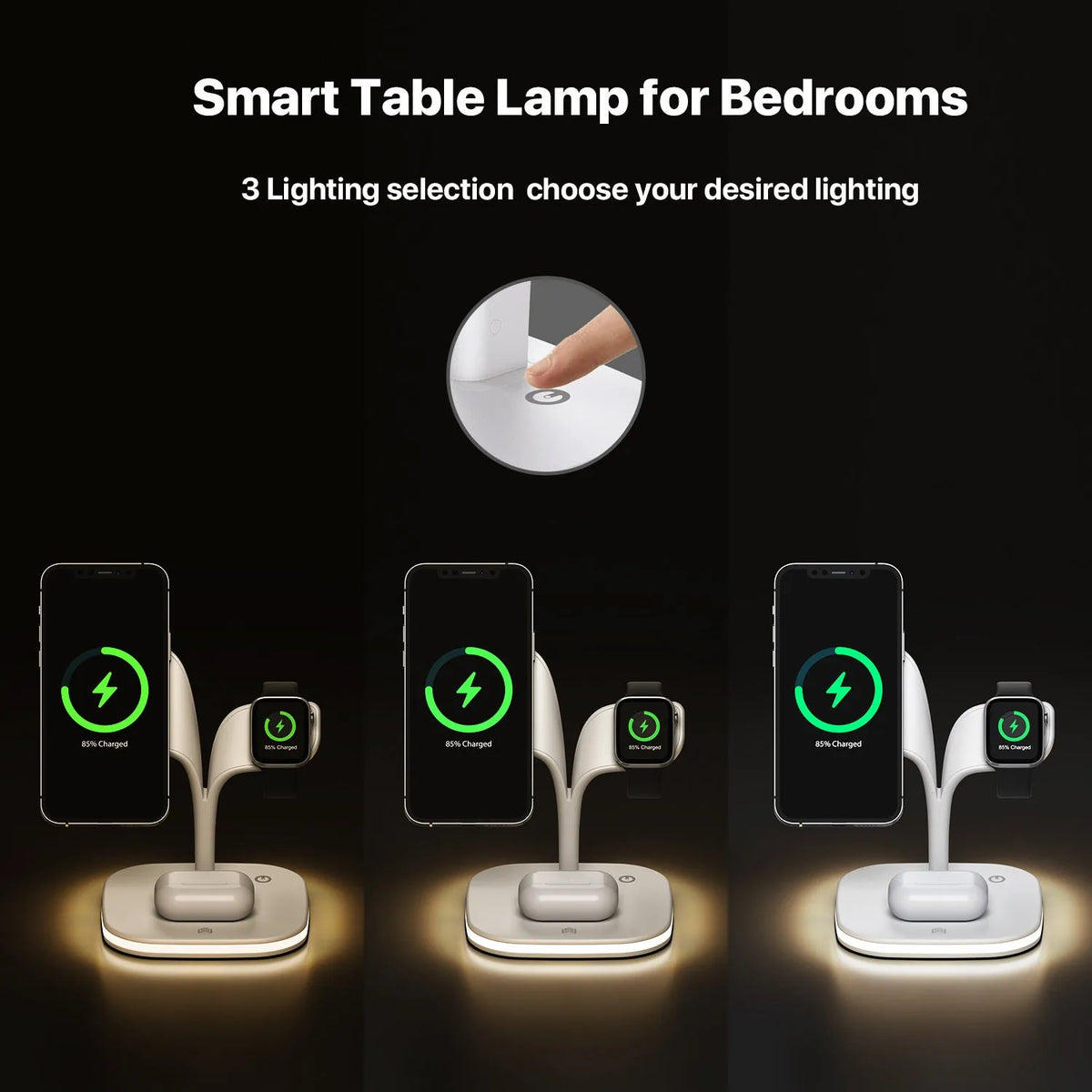 Black and white wireless charging station for phone, watch, and headphones on a desk