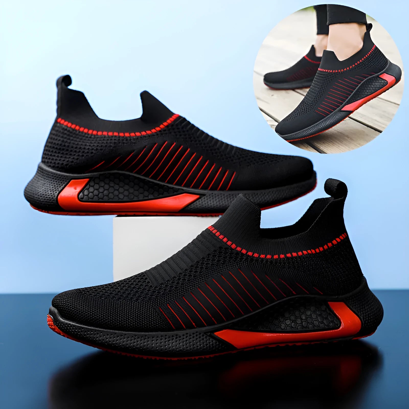 Men's black and white striped mesh slip-on sneakers with lace-up front on a white background