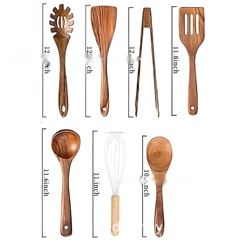 7-piece wooden kitchen utensil set showing spoon, spatula and soup spoon on wooden surface