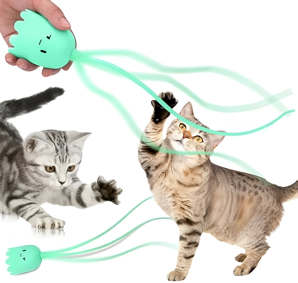 Electronic cat wand toy with multiple swinging silicone tails in green colour