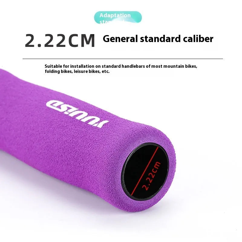 Pair of ultra-light 41g soft sponge mountain bike handlebar grips with lock design in black, purple, and biange colours.