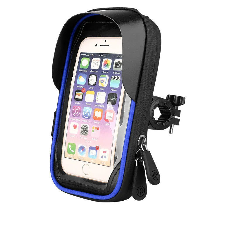 TPU waterproof mobile phone stand mounted on bicycle handlebar with phone visible through touchscreen layer