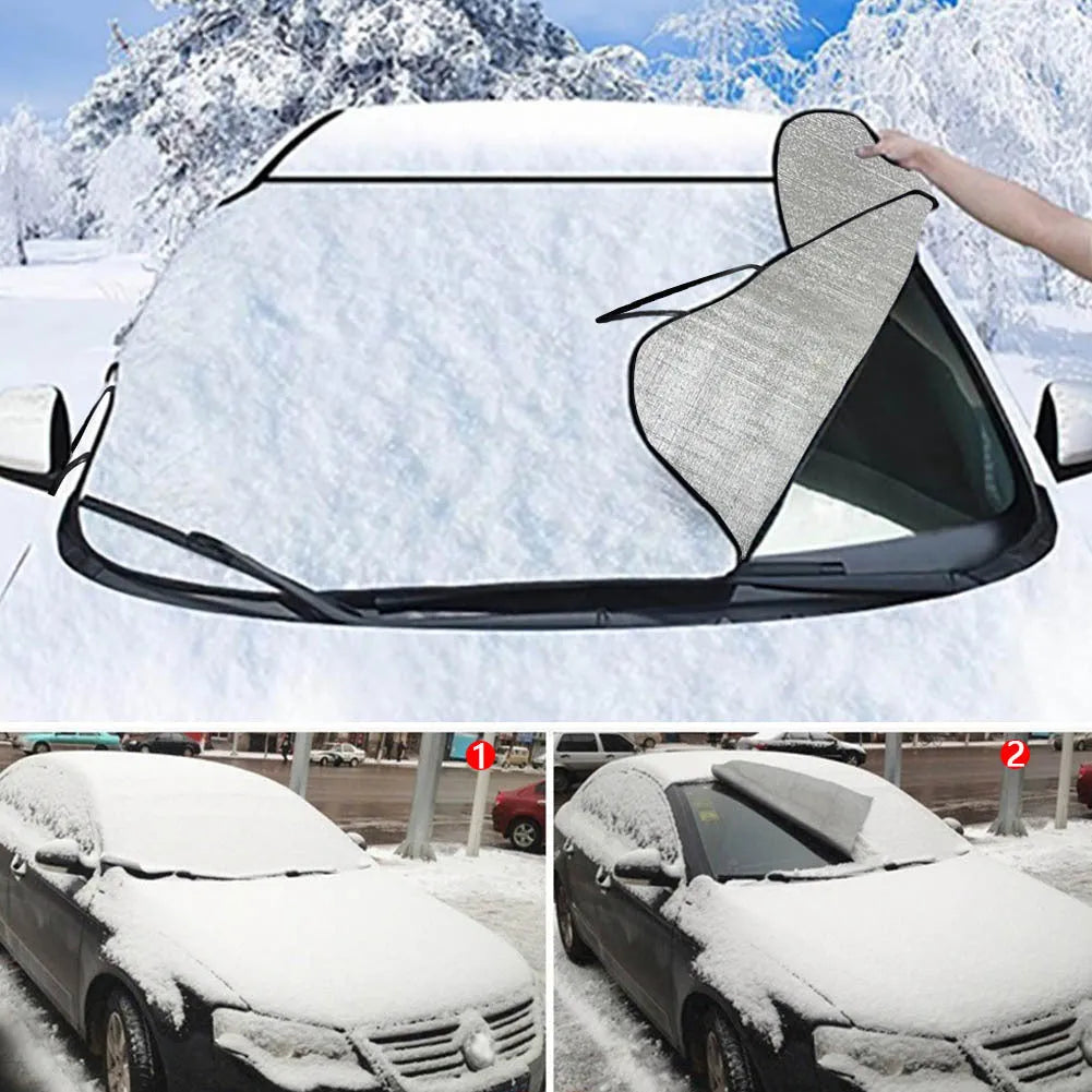 Car front snow protection cover made of silver aluminium foil polyester fabric.
