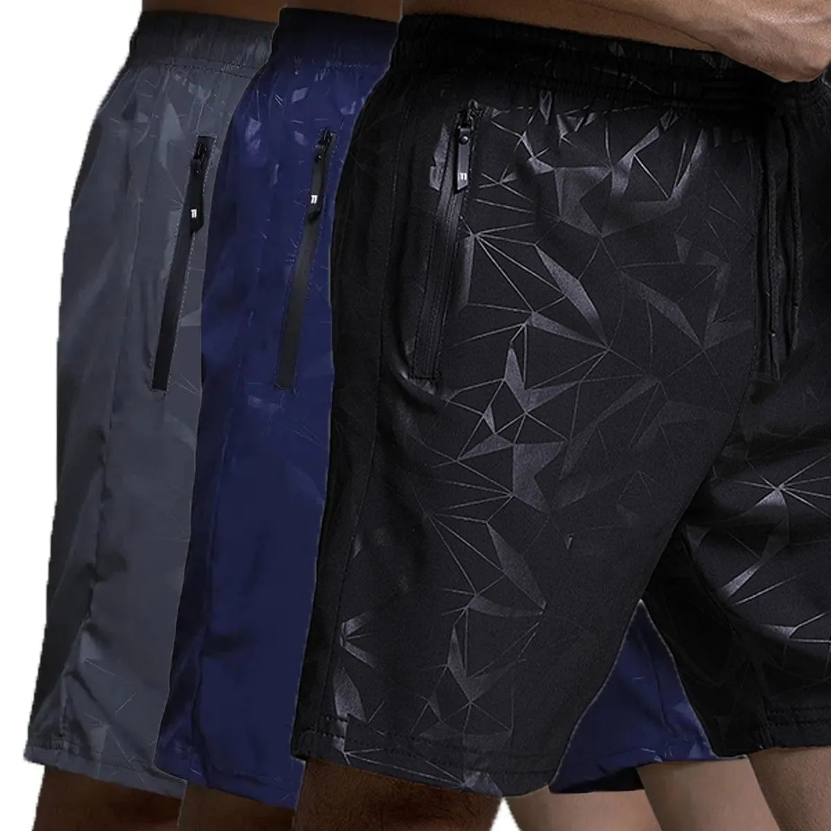 Men's loose-fitting polyester sports shorts in three colour options with printed design