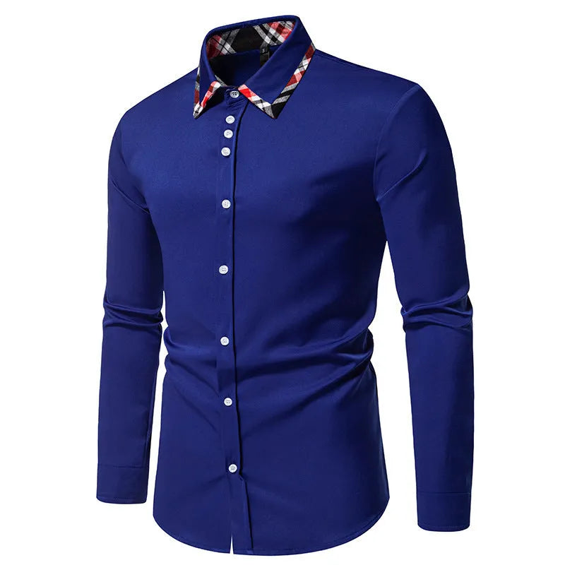 Men's blue, black, and white plaid long sleeve shirt with a contrasting triangle collar.