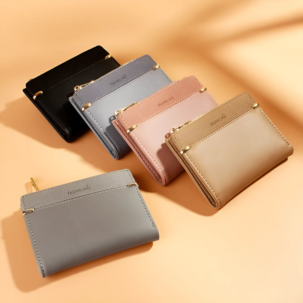 Ladies folding wallet with zipper closure showing multiple internal card slots and compartments
