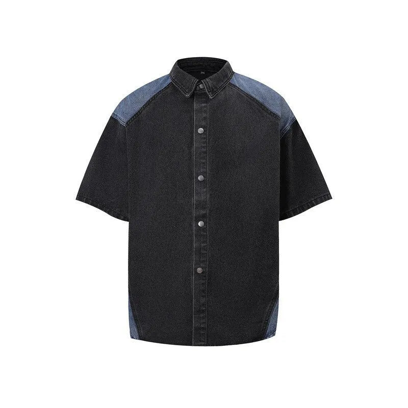 Retro washed denim short-sleeve jacket and full-length trousers suit in blue street style