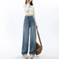 Women's retro blue wide leg high waist jeans with straight cut and spandex denim
