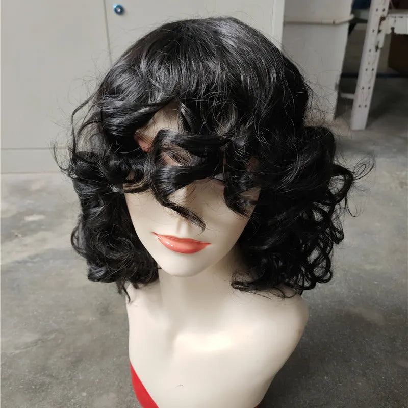 Black synthetic Afro wig with long curly hair on a display head