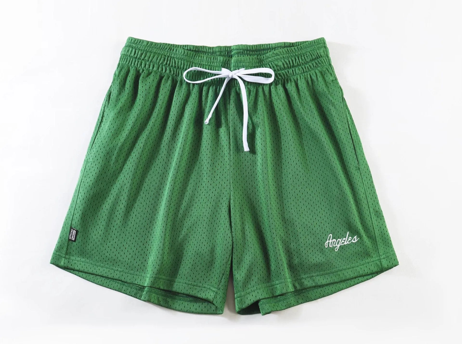 Men's black double-layer mesh sport shorts on a white background