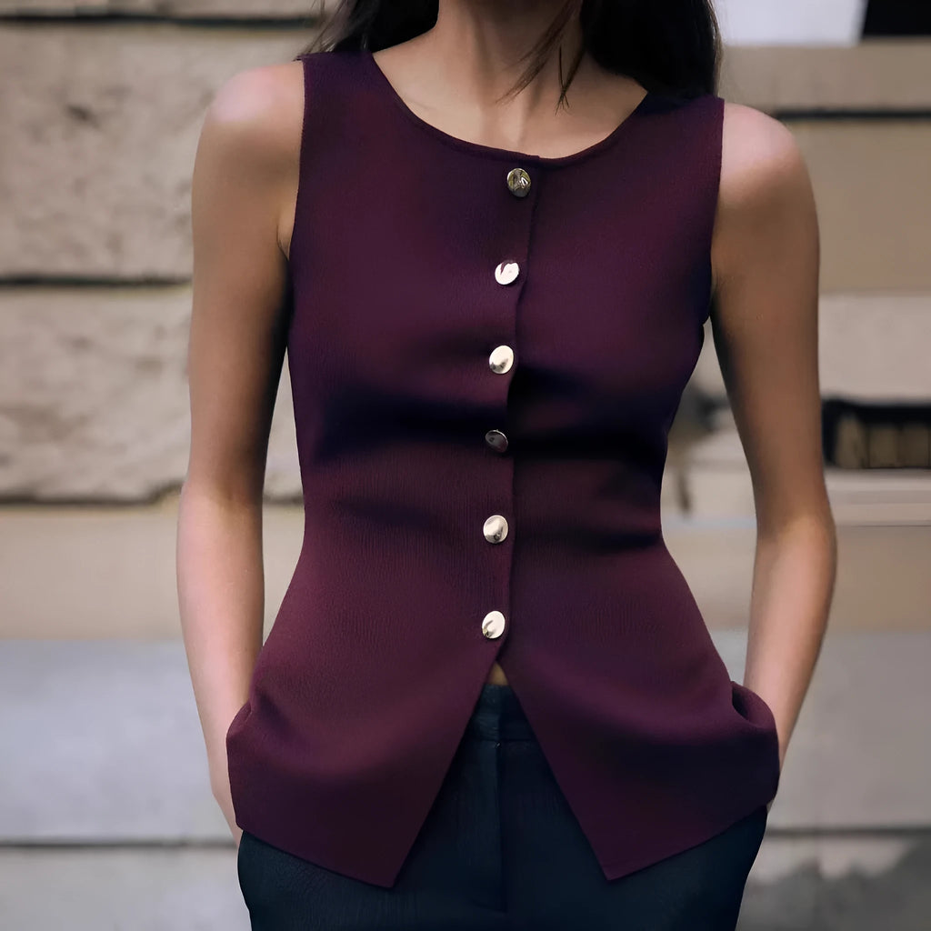 Women's dark red viscose sleeveless sweater vest with gold buttons and 3D patterns