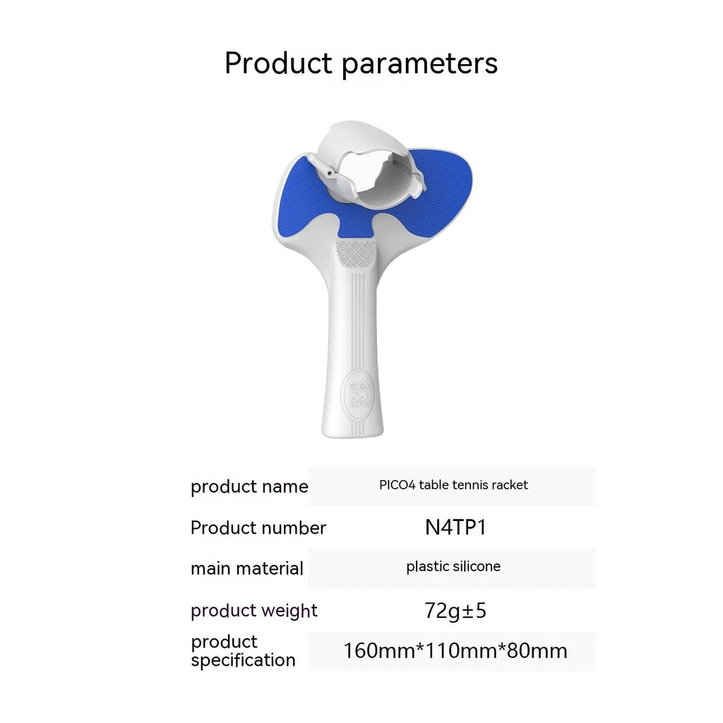 Red and blue plastic silicone table tennis racket hand grip accessory for Pico 4 VR controller showing 160x110x80mm dimensions