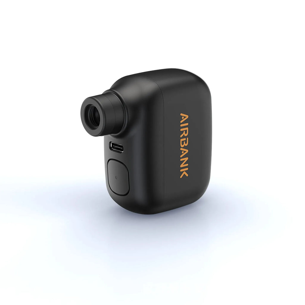 Black AS100 mini electric bicycle pump with USB cable and waterproof bag
