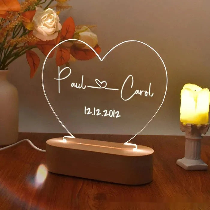 Custom acrylic LED night light with engraved names and date for bedroom