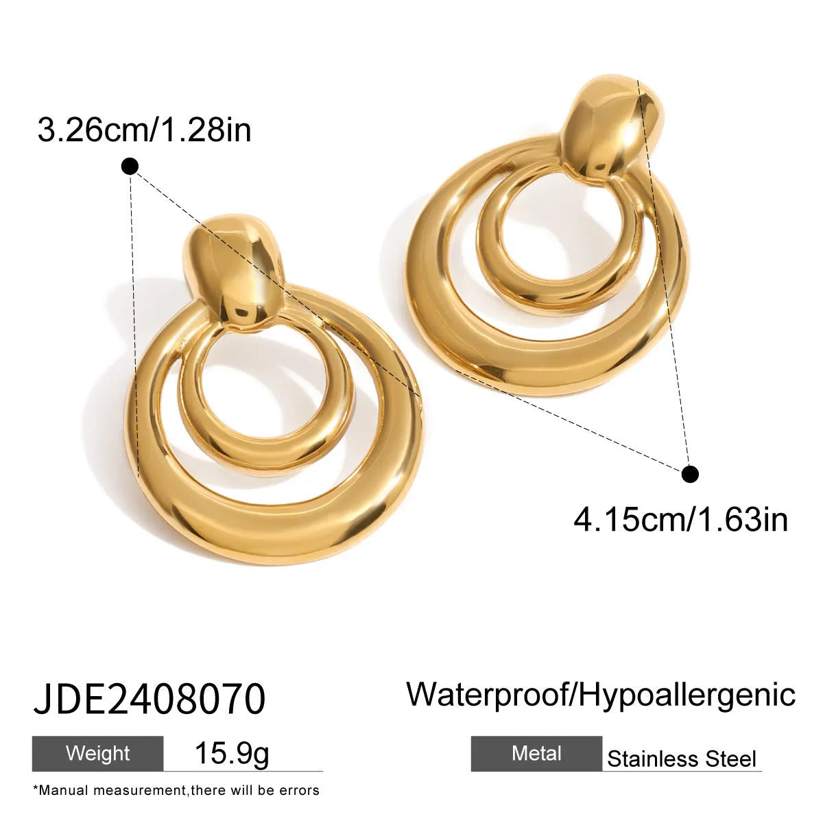 18K gold electroplated titanium steel round double layer hollow stud earrings for women