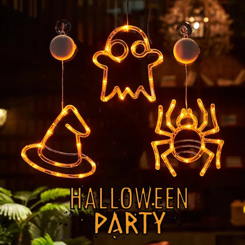 Halloween window hanging LED lights with spider pumpkin ghost designs and suction cup attachment