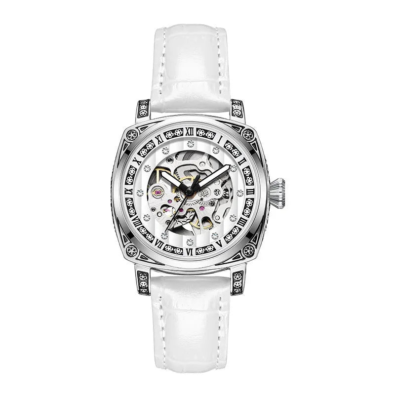 Mechanical watch with luminous hands and a leather strap, shown in various dial colour options.