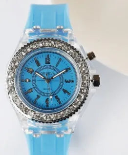 Geneva women's luminous LED quartz watch with 43mm round dial and silicone strap