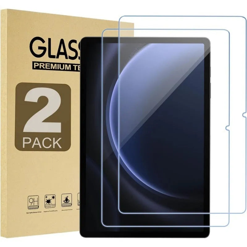 Two tempered glass screen protectors for Samsung Galaxy tablets in a leather bag.