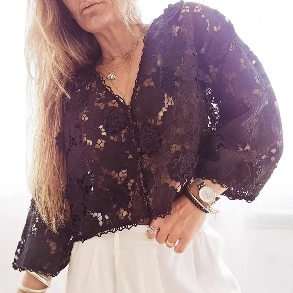 Lace cardigan with three-dimensional floral decoration and V-neck design