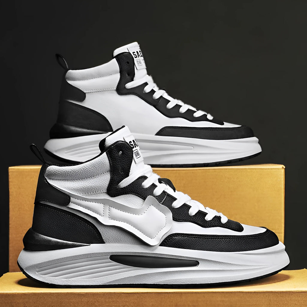 Men's black and white high-top platform board shoes with round toe and PU upper