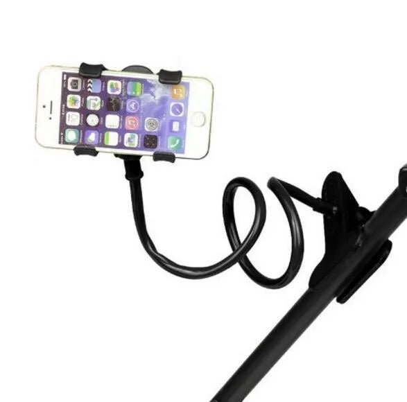 Black flexible mobile phone holder with 70cm arm and V-clamp for bedside or desk mounting
