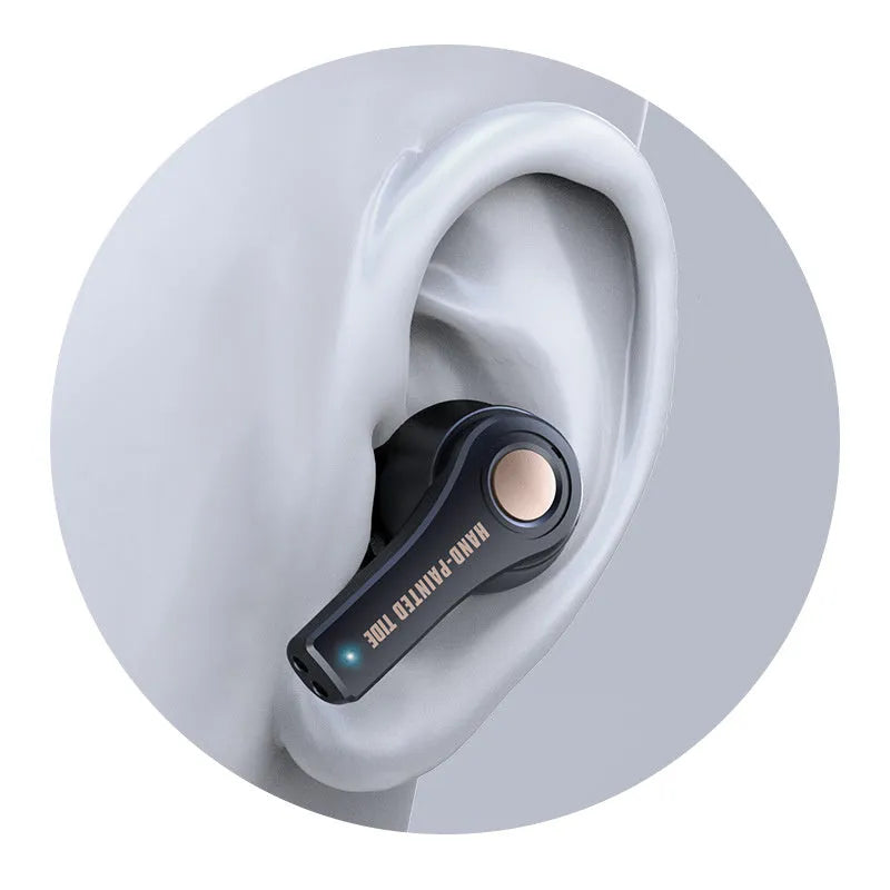 Black and white wireless Bluetooth headset showing over-ear design with no cables.