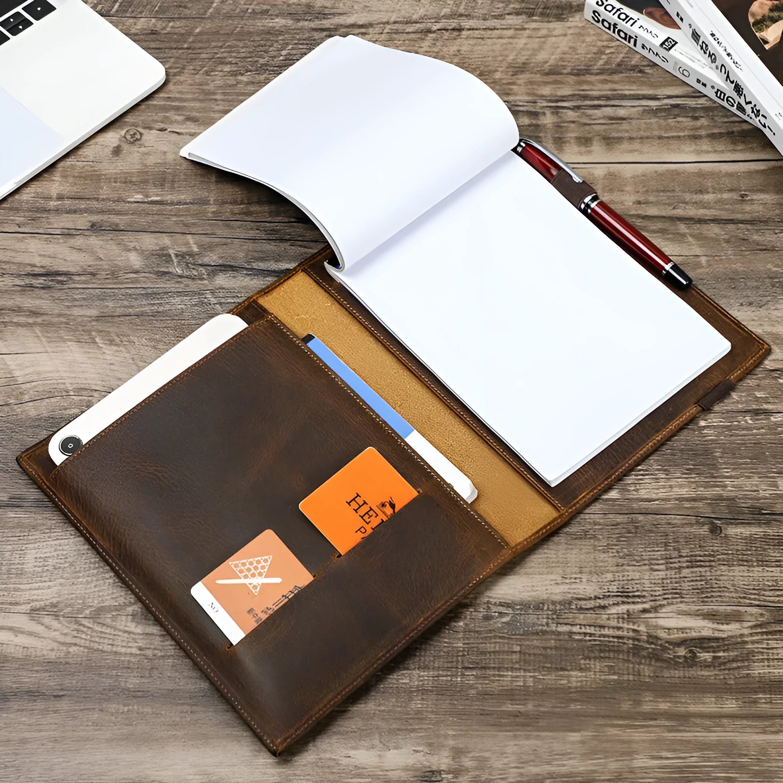 Brown Crazy Horse leather A5 notebook protective sleeve with square socket-style design