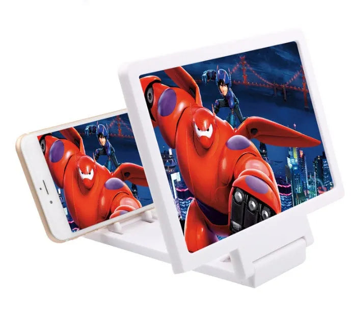 A black or white foldable mobile phone stand with a 3D screen amplifier and radiation filter.