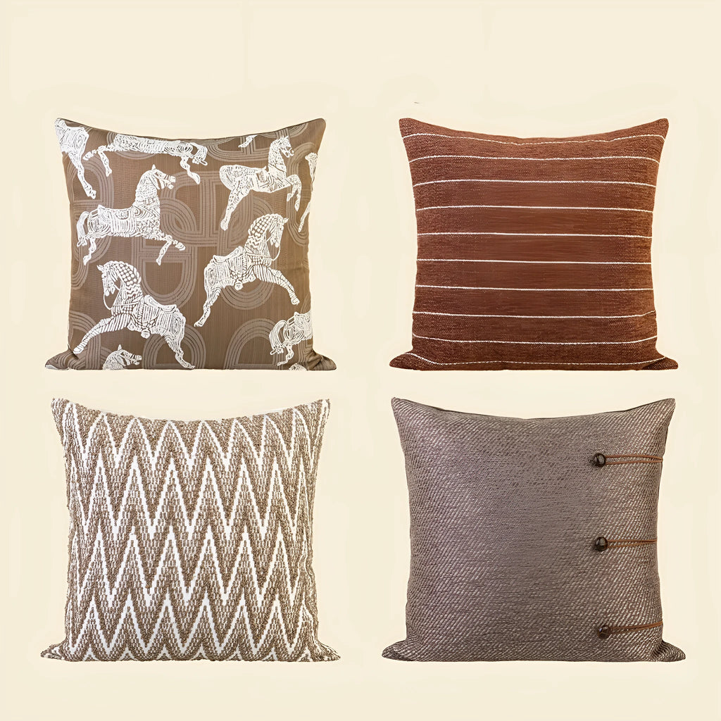Square Chinese ancient style decorative pillow cushion on a sofa, showing Maillard colour options of brown, red brown, and yellow brown.