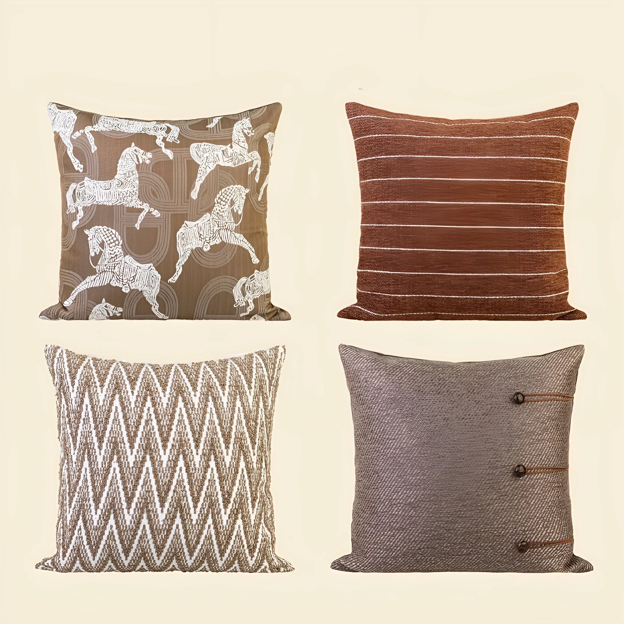 Square Chinese ancient style decorative pillow cushion on a sofa, showing Maillard colour options of brown, red brown, and yellow brown.