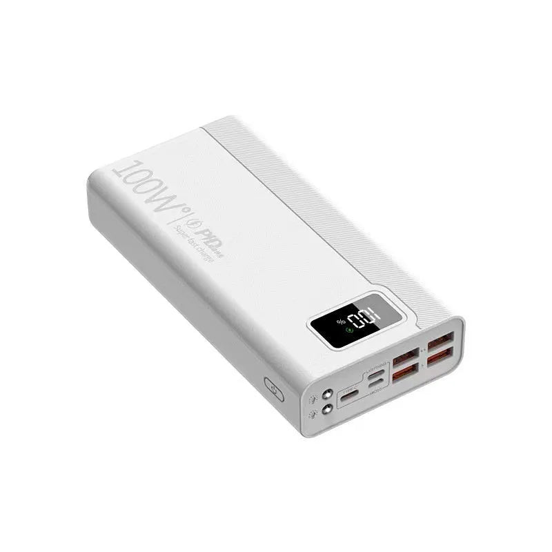Large capacity power bank in black plastic shell showing compact rectangular design with charging ports
