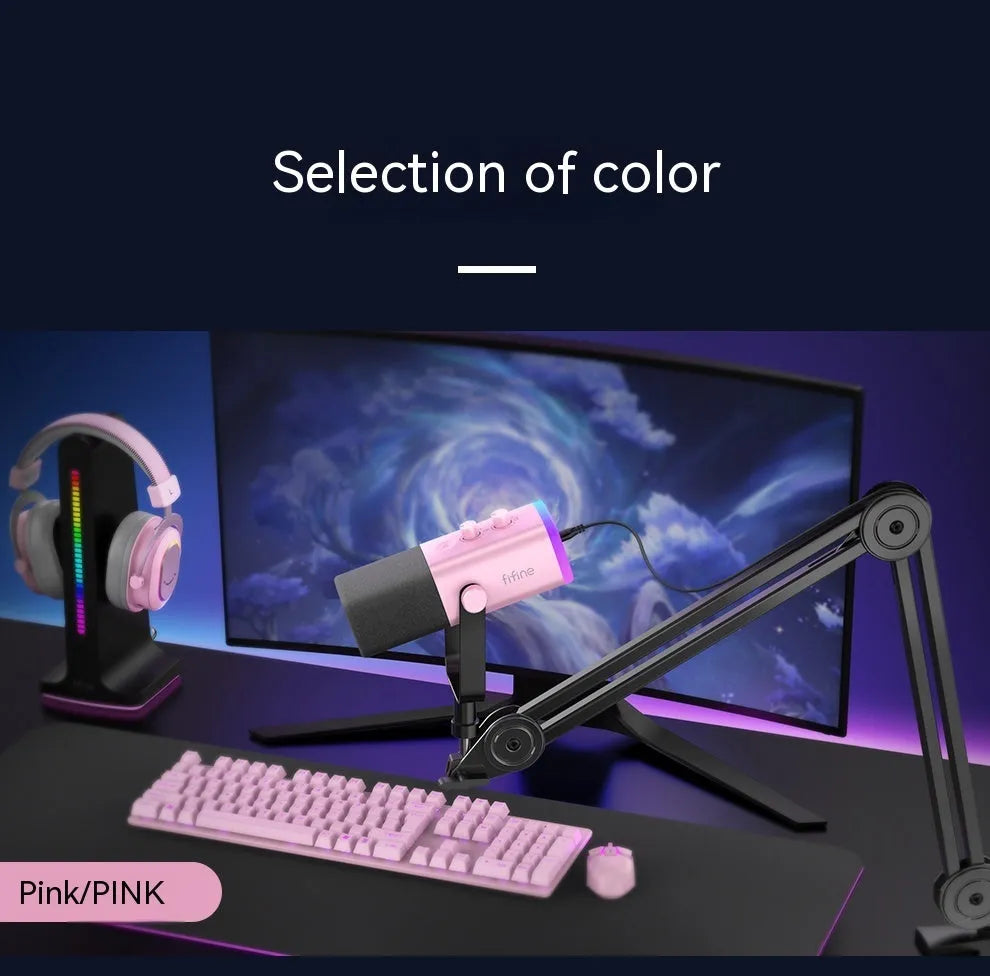 Dynamic noise reduction microphone with XLR cable in black, pink, or white colours with adjustable bracket mount