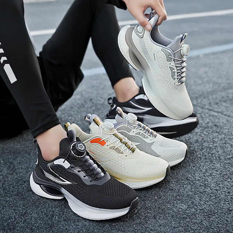 Men's rotating button closure running shoes in Korean style with breathable mesh upper