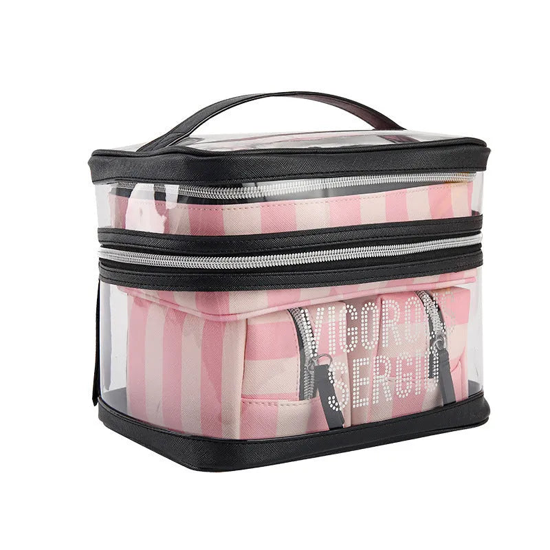 Pink striped floral pattern waterproof synthetic leather makeup bag with nylon lining.