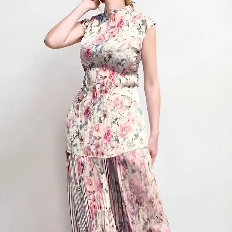 Long sleeve printed chiffon dress set with matching top and high waist design