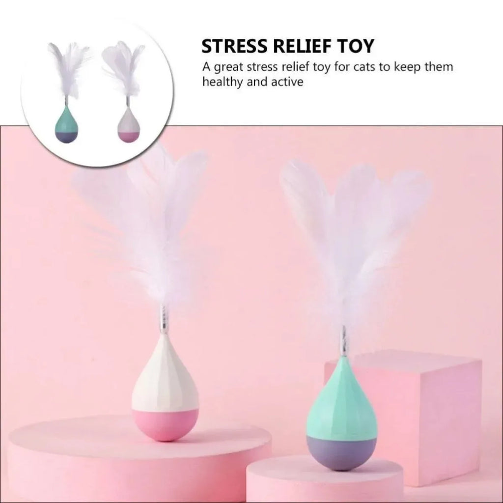 Feather tumbler cat toy with aluminium alloy construction and goose feather attachment in pink or green