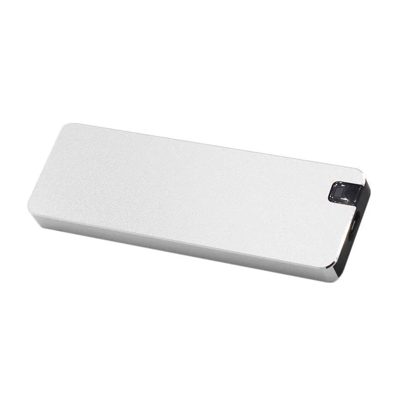 White metal-shell mobile solid state drive with USB 3.1 cable on packaging